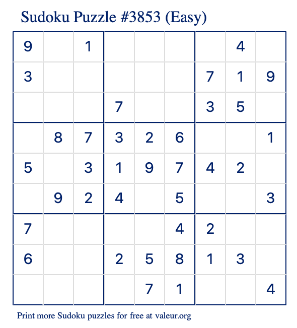 Free Printable Easy Sudoku Puzzle number 3853