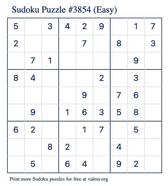Free Printable Easy Sudoku Puzzle number 3854