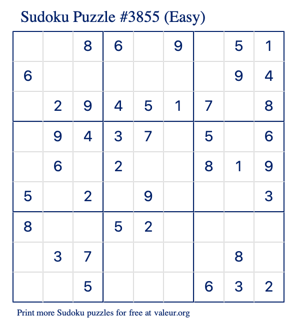 Free Printable Easy Sudoku Puzzle number 3855