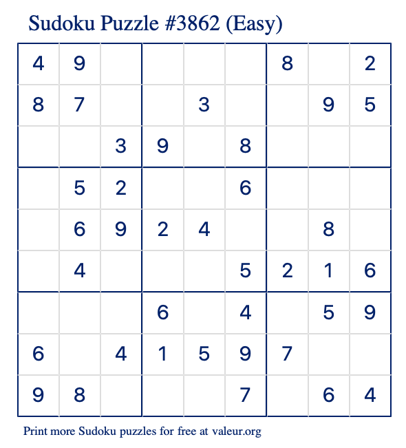 Free Printable Easy Sudoku Puzzle number 3862