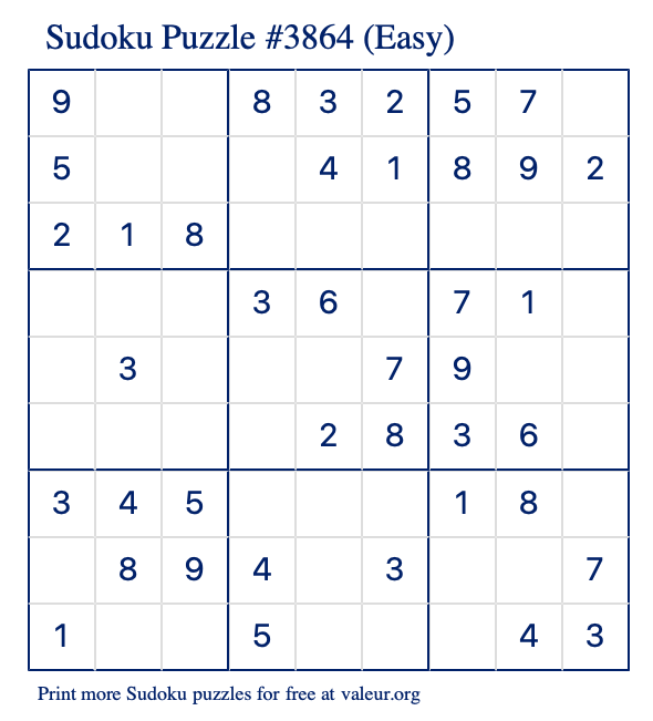 Free Printable Easy Sudoku Puzzle number 3864