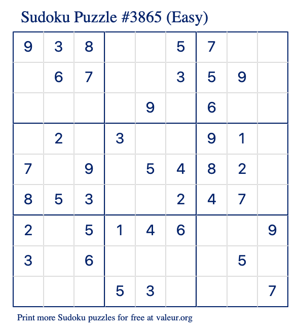 Free Printable Easy Sudoku Puzzle number 3865