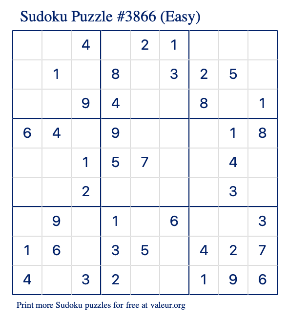 Free Printable Easy Sudoku Puzzle number 3866