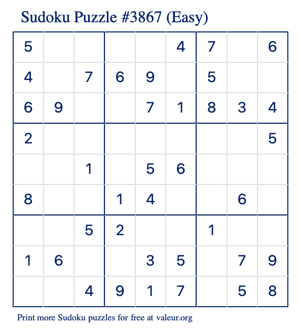Free Printable Easy Sudoku Puzzle number 3867