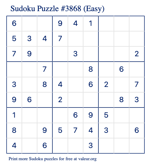 Free Printable Easy Sudoku Puzzle number 3868