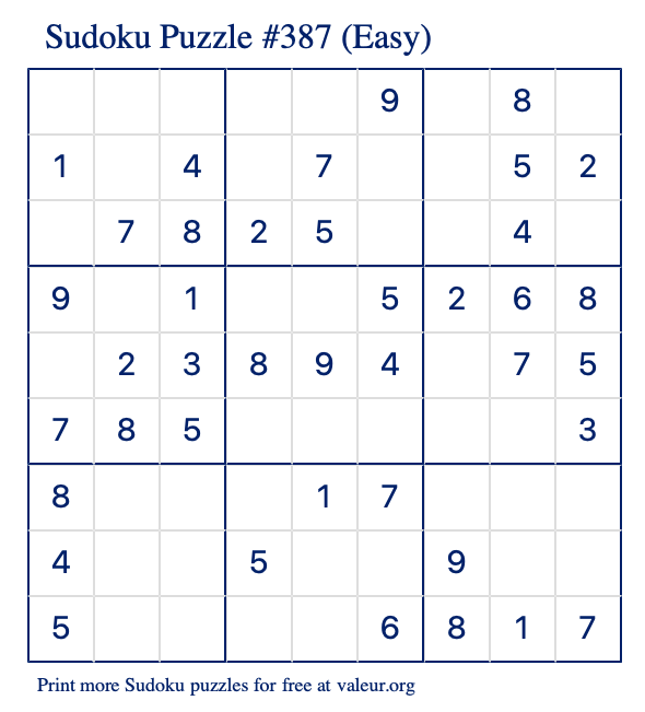 Free Printable Easy Sudoku Puzzle number 387