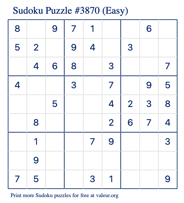 Free Printable Easy Sudoku Puzzle number 3870