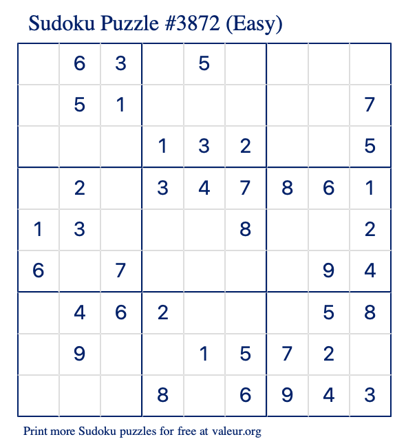 Free Printable Easy Sudoku Puzzle number 3872