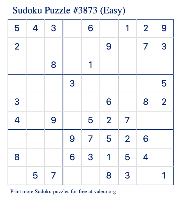 Free Printable Easy Sudoku Puzzle number 3873