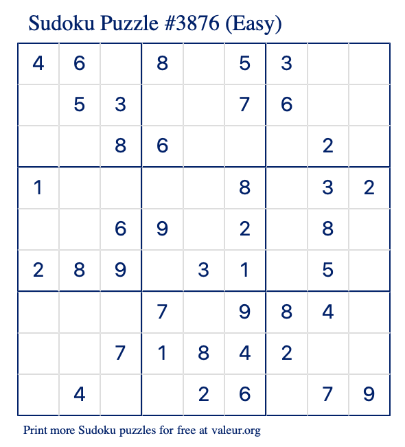 Free Printable Easy Sudoku Puzzle number 3876