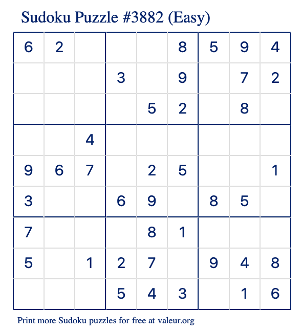 Free Printable Easy Sudoku Puzzle number 3882