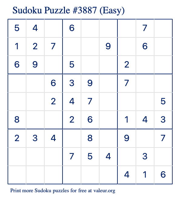 Free Printable Easy Sudoku Puzzle number 3887