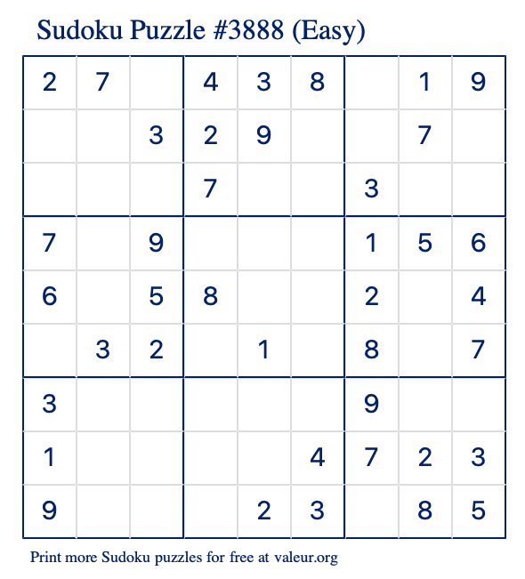 Free Printable Easy Sudoku Puzzle number 3888