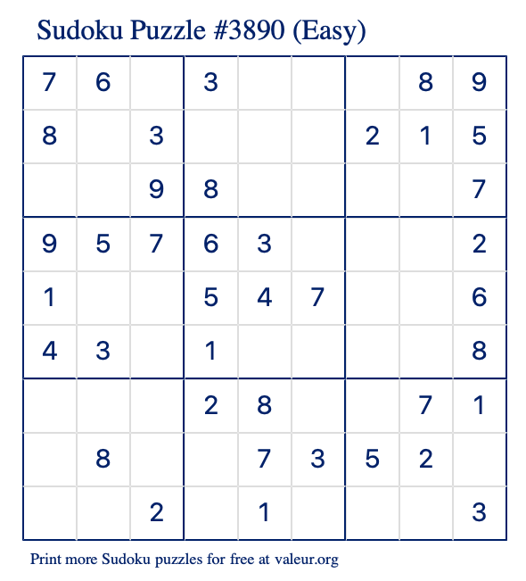 Free Printable Easy Sudoku Puzzle number 3890