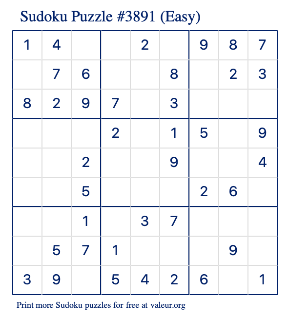 Free Printable Easy Sudoku Puzzle number 3891