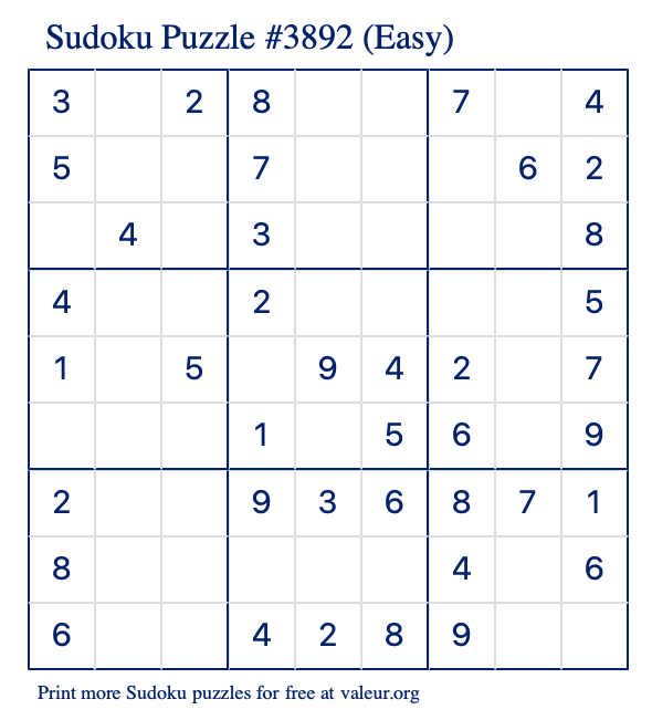 Free Printable Easy Sudoku Puzzle number 3892