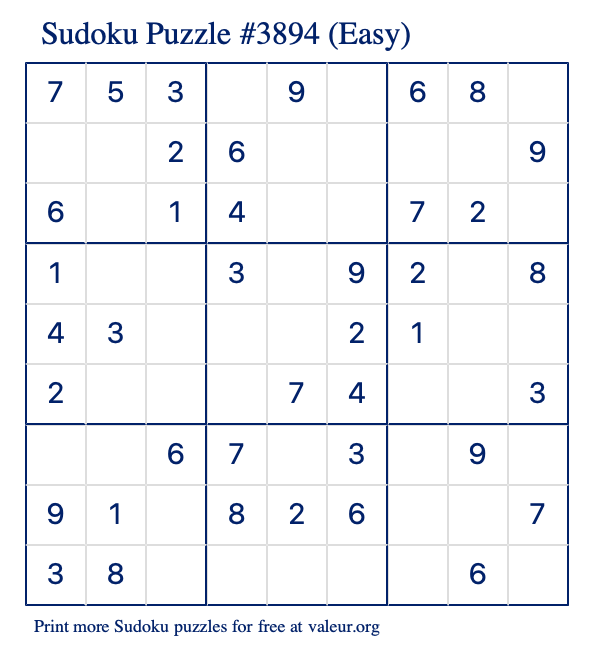 Free Printable Easy Sudoku Puzzle number 3894