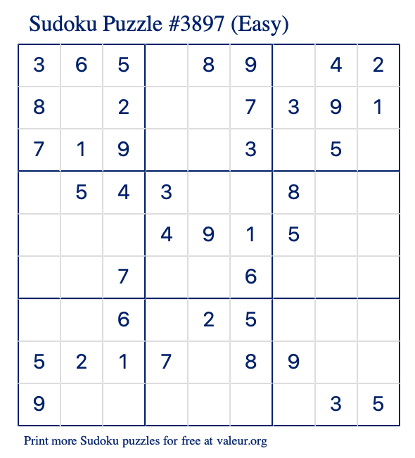 Free Printable Easy Sudoku Puzzle number 3897