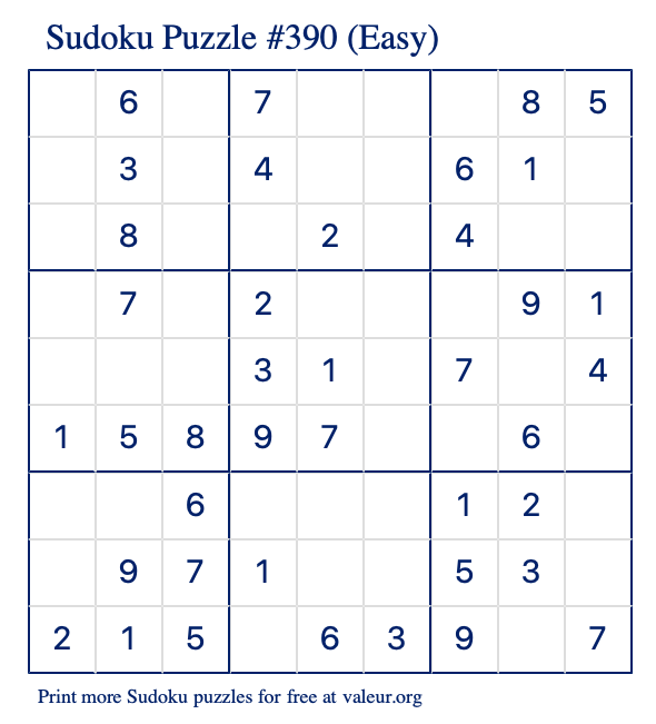 Free Printable Easy Sudoku Puzzle number 390