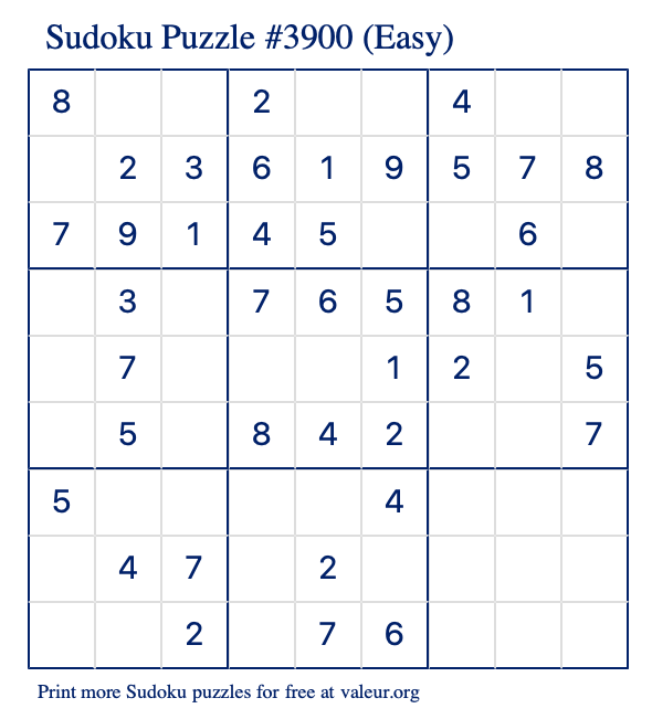 Free Printable Easy Sudoku Puzzle number 3900