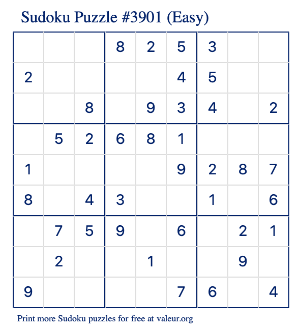 Free Printable Easy Sudoku Puzzle number 3901