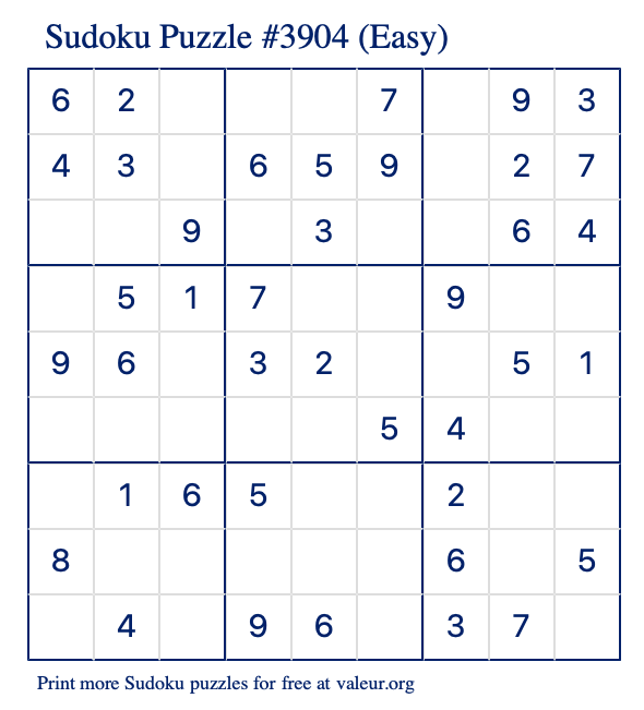 Free Printable Easy Sudoku Puzzle number 3904