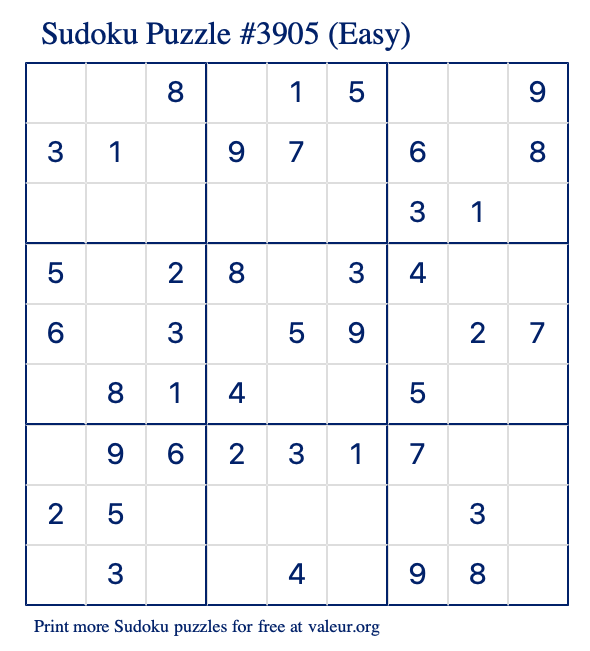 Free Printable Easy Sudoku Puzzle number 3905