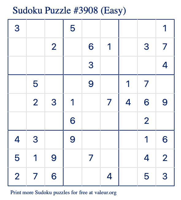 Free Printable Easy Sudoku Puzzle number 3908