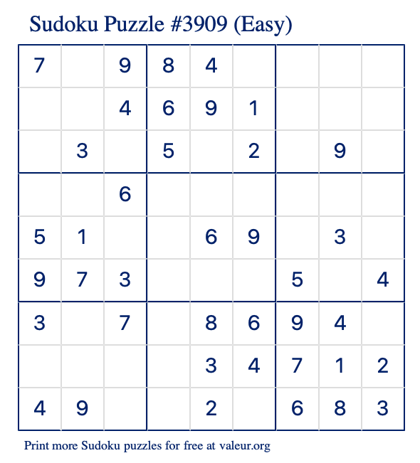 Free Printable Easy Sudoku Puzzle number 3909