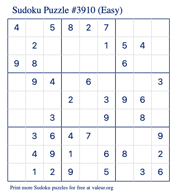 Free Printable Easy Sudoku Puzzle number 3910