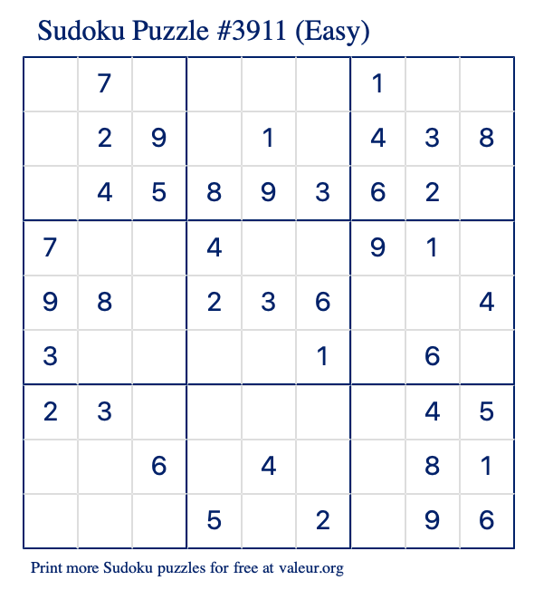 Free Printable Easy Sudoku Puzzle number 3911