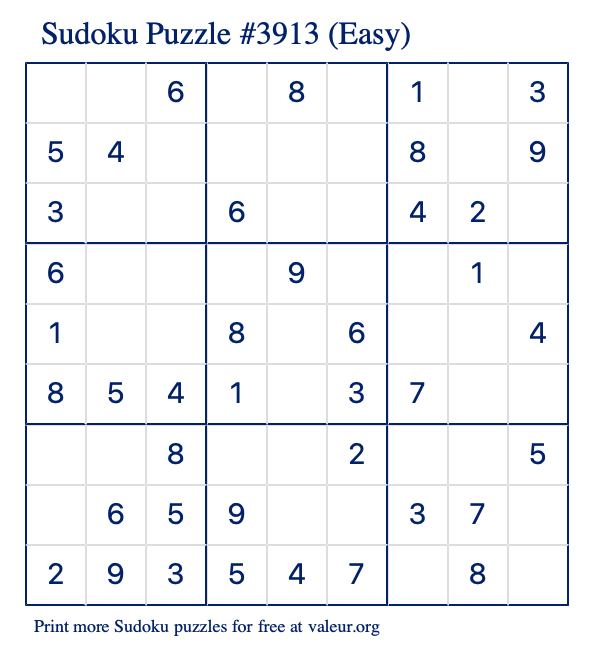 Free Printable Easy Sudoku Puzzle number 3913