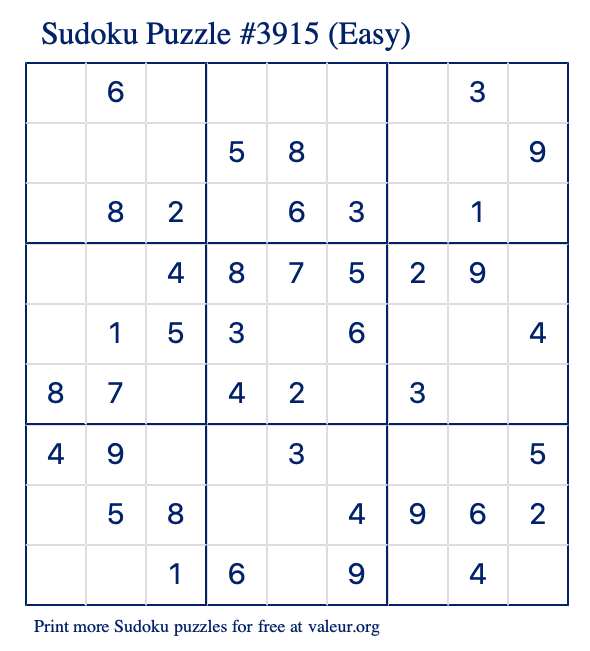 Free Printable Easy Sudoku Puzzle number 3915