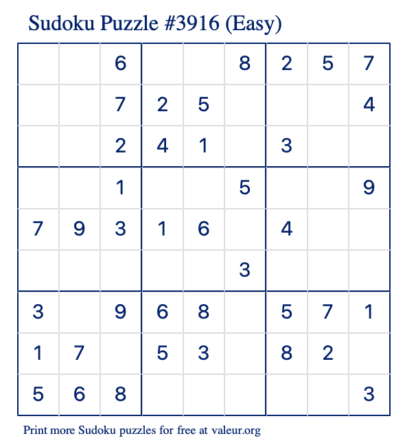 Free Printable Easy Sudoku Puzzle number 3916