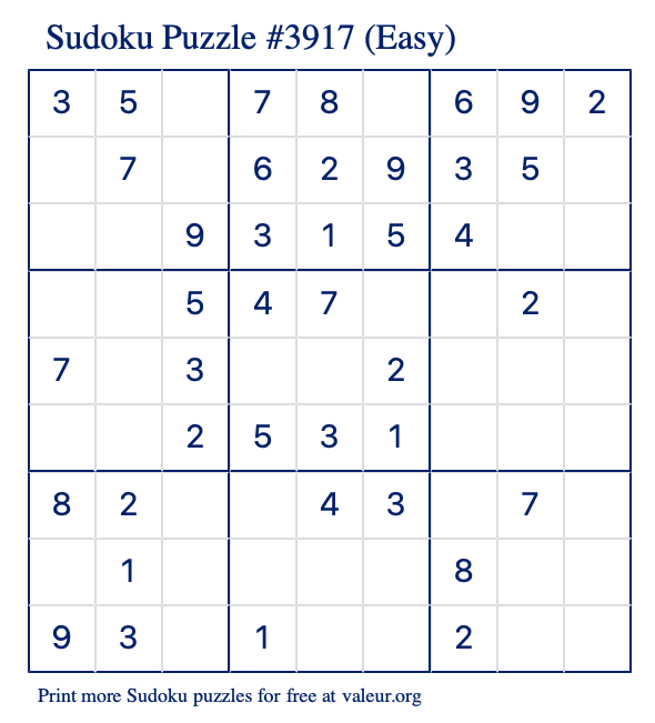 Free Printable Easy Sudoku Puzzle number 3917