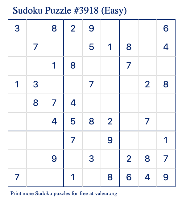 Free Printable Easy Sudoku Puzzle number 3918