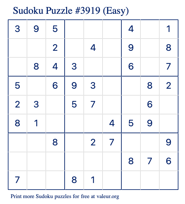 Free Printable Easy Sudoku Puzzle number 3919