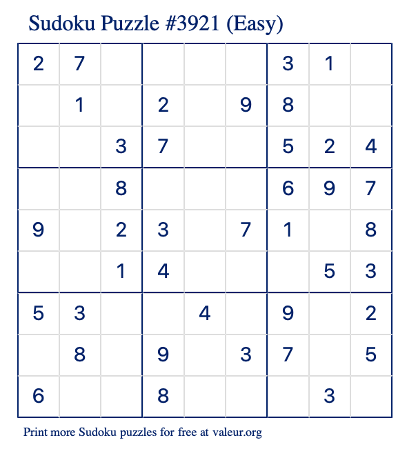 Free Printable Easy Sudoku Puzzle number 3921