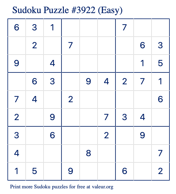 Free Printable Easy Sudoku Puzzle number 3922