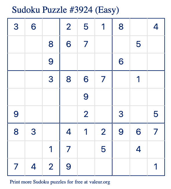 Free Printable Easy Sudoku Puzzle number 3924