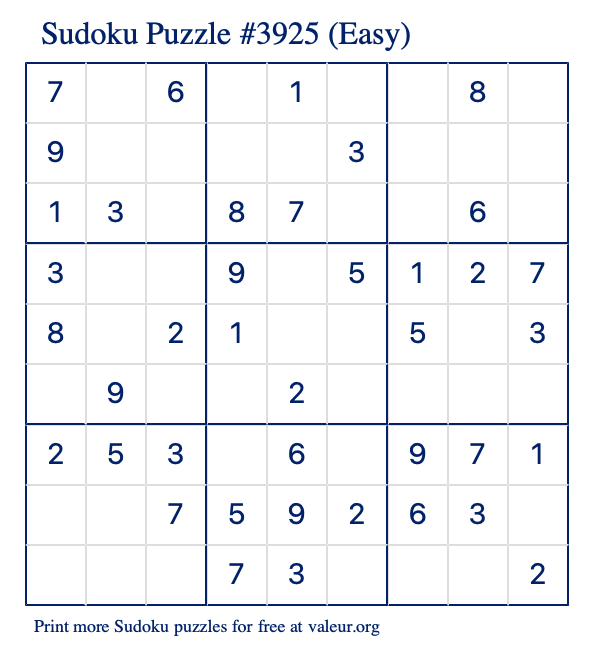 Free Printable Easy Sudoku Puzzle number 3925