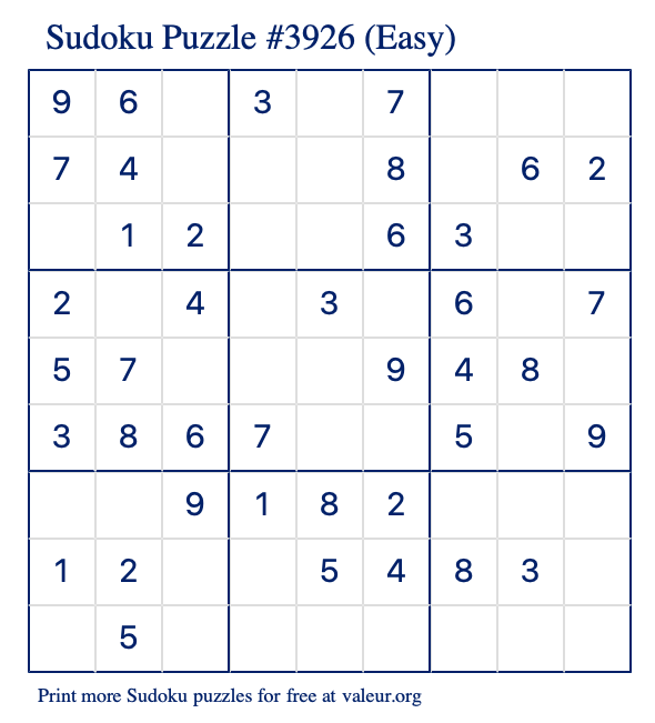 Free Printable Easy Sudoku Puzzle number 3926