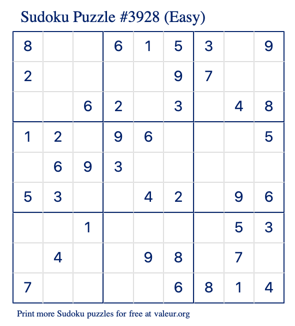 Free Printable Easy Sudoku Puzzle number 3928