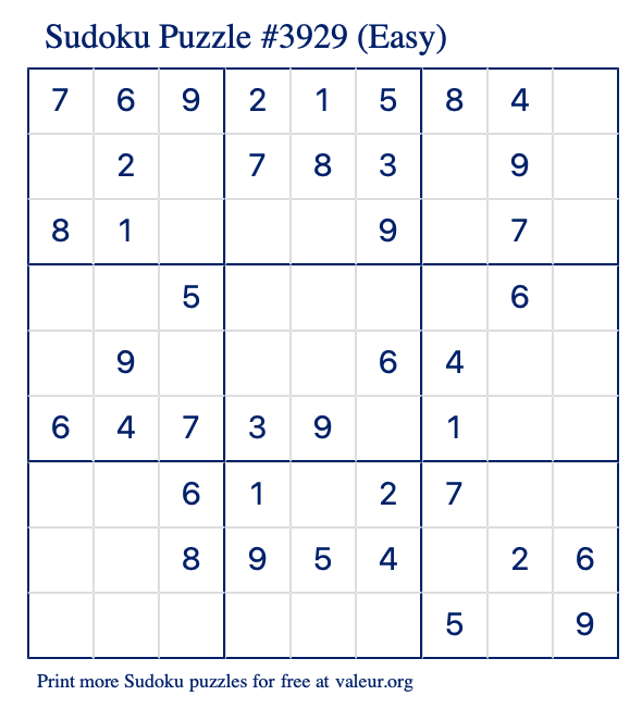 Free Printable Easy Sudoku Puzzle number 3929