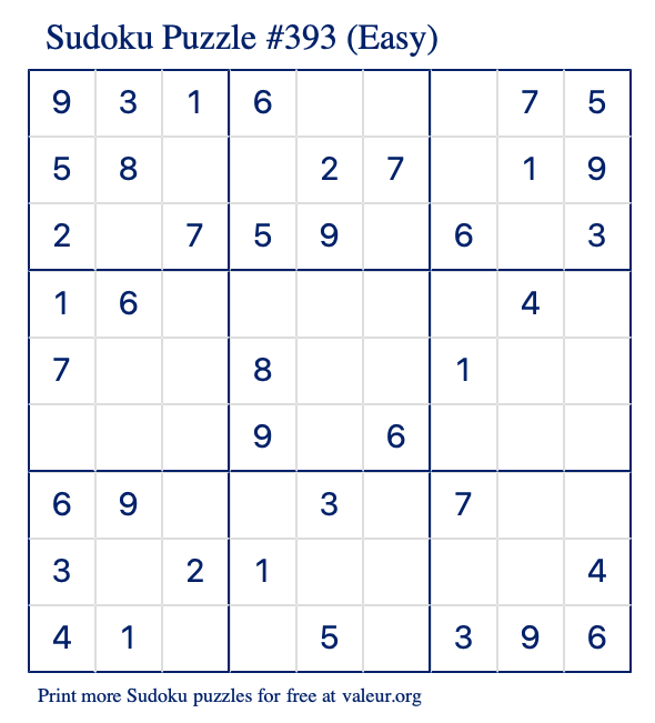 Free Printable Easy Sudoku Puzzle number 393