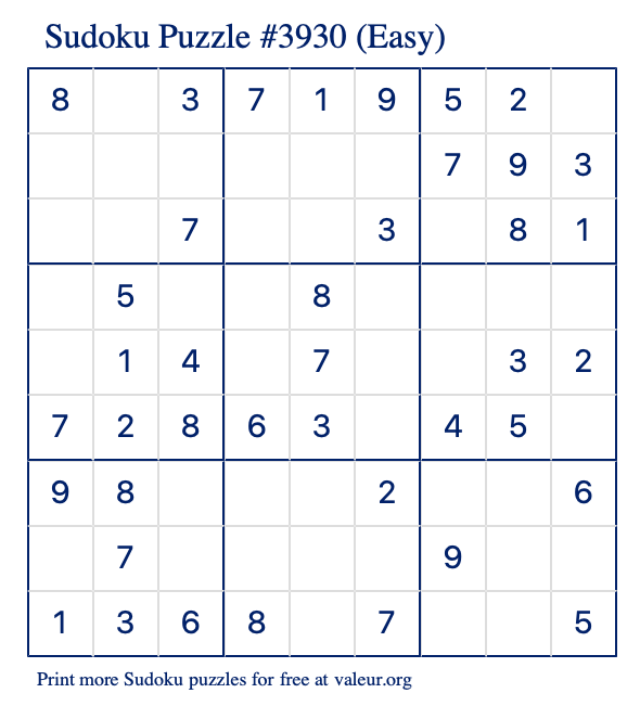 Free Printable Easy Sudoku Puzzle number 3930