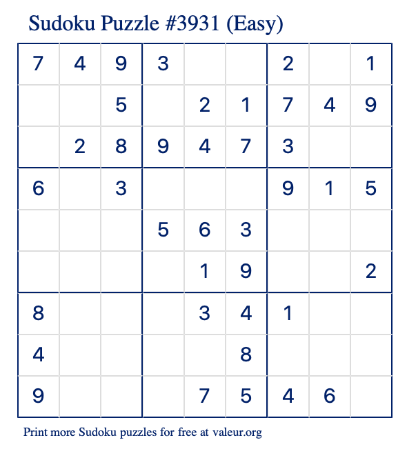 Free Printable Easy Sudoku Puzzle number 3931