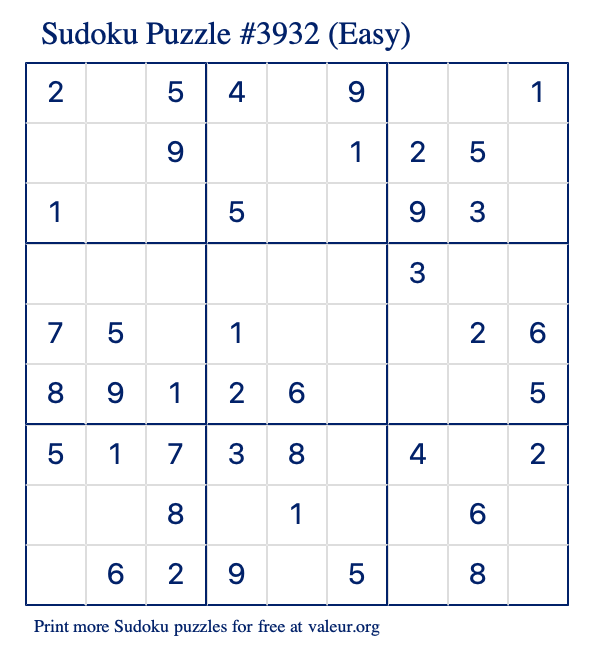 Free Printable Easy Sudoku Puzzle number 3932