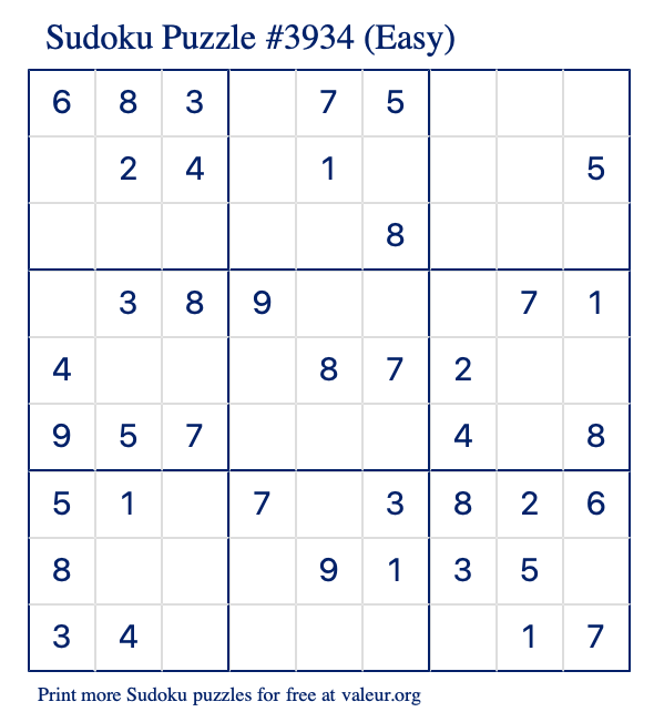 Free Printable Easy Sudoku Puzzle number 3934