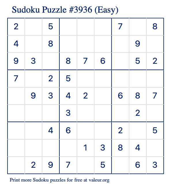 Free Printable Easy Sudoku Puzzle number 3936